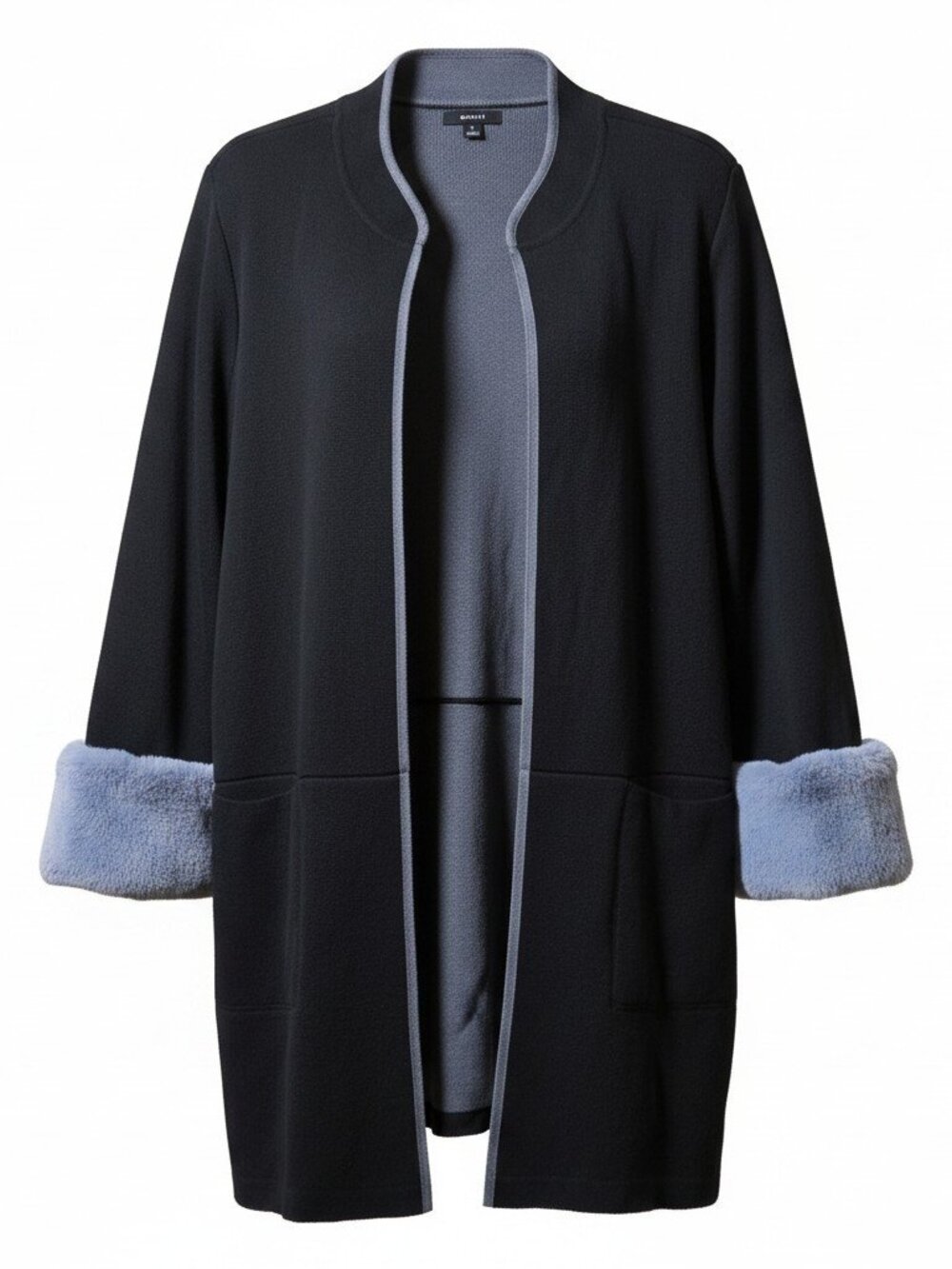 Alfani Open Front Sweater Coat 2X Black Detachable Faux Fur Cuffs Cotton Blend